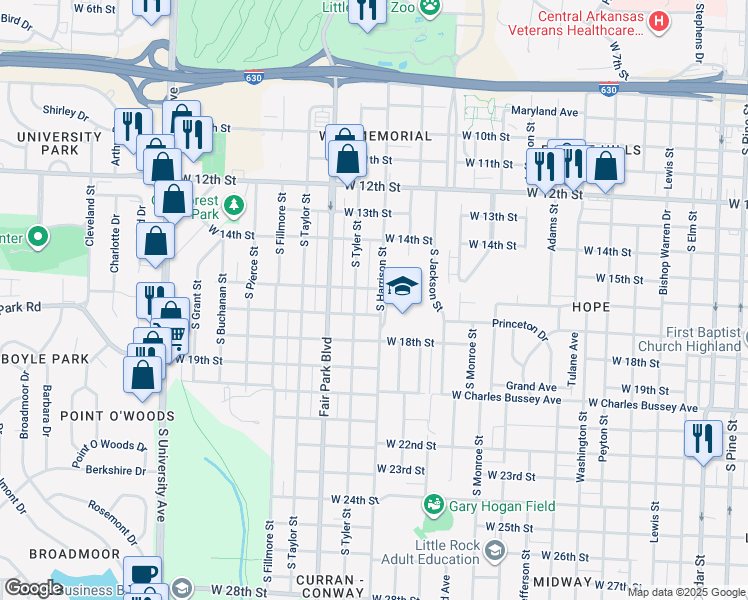 map of restaurants, bars, coffee shops, grocery stores, and more near 1608 South Harrison Street in Little Rock