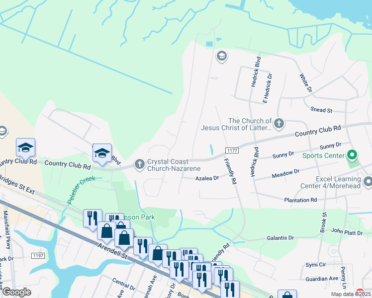 map of restaurants, bars, coffee shops, grocery stores, and more near 803 Lake North Shore Drive in Morehead City
