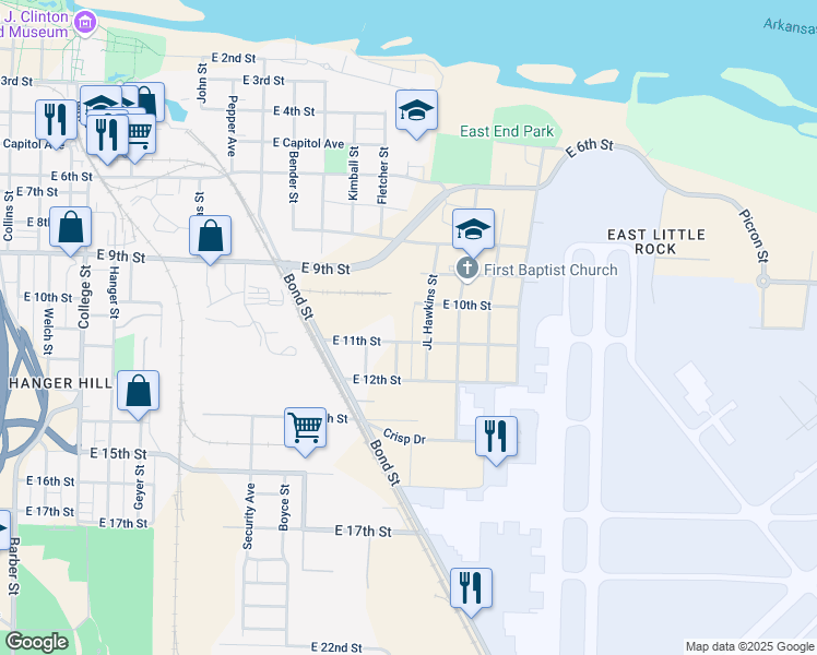 map of restaurants, bars, coffee shops, grocery stores, and more near 2212 East 11th Street in Little Rock