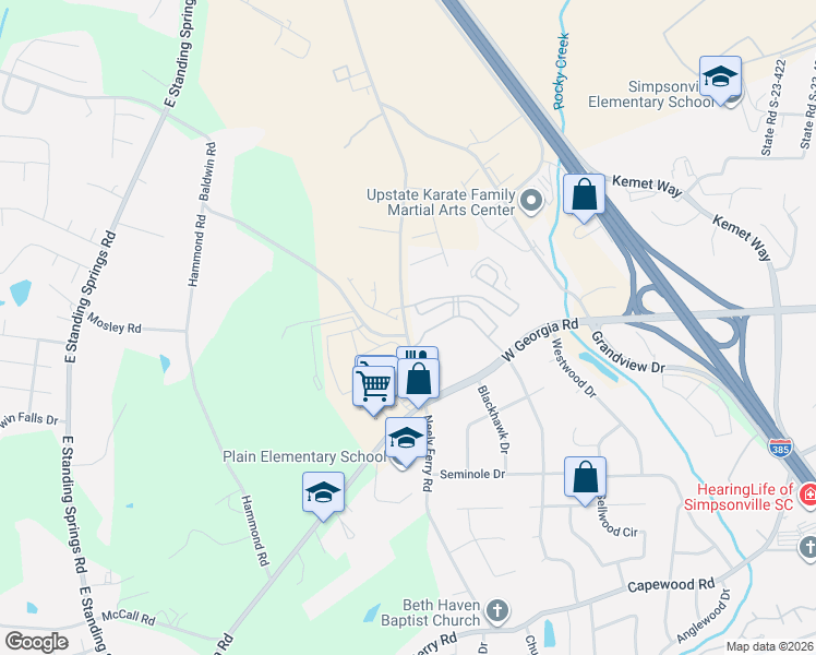map of restaurants, bars, coffee shops, grocery stores, and more near 7001 Wiley Drive in Simpsonville