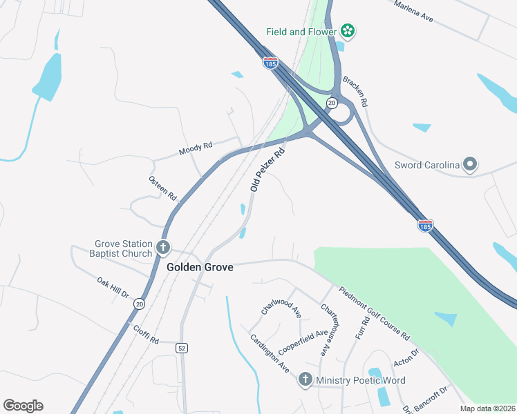 map of restaurants, bars, coffee shops, grocery stores, and more near 163 Old Pelzer Road in Piedmont
