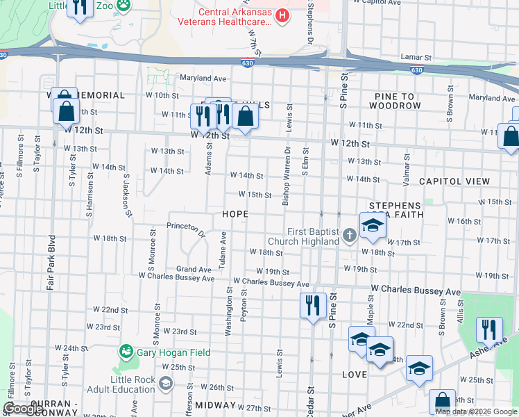 map of restaurants, bars, coffee shops, grocery stores, and more near 4316 W 16th St in Little Rock