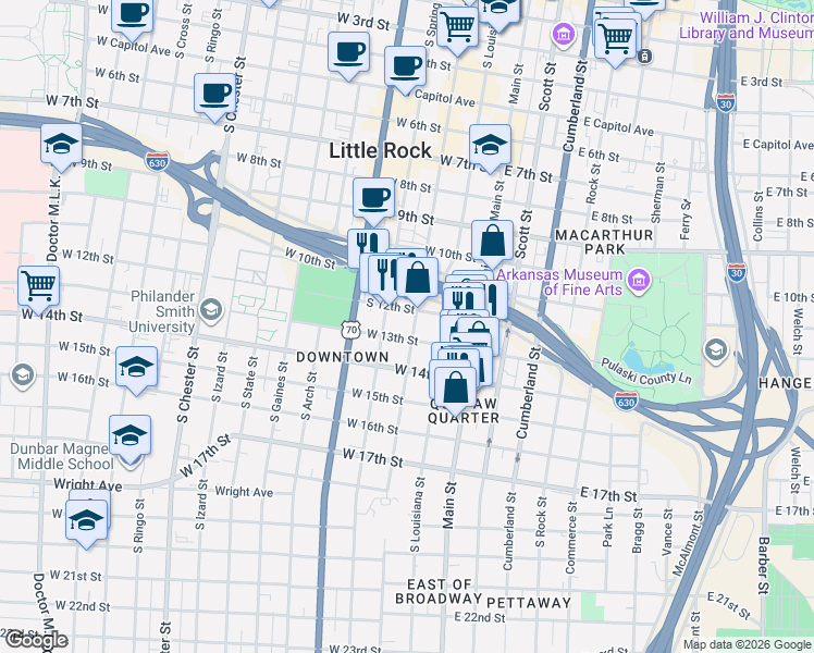 map of restaurants, bars, coffee shops, grocery stores, and more near 1212 Center Street in Little Rock