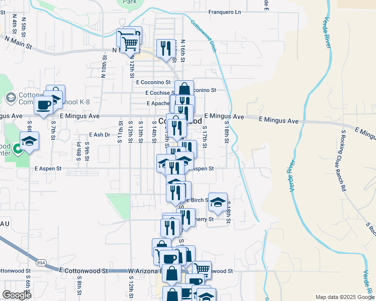 map of restaurants, bars, coffee shops, grocery stores, and more near 121-129 S Main St in Cottonwood