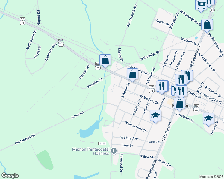 map of restaurants, bars, coffee shops, grocery stores, and more near 701 West Baldwin Street in Maxton