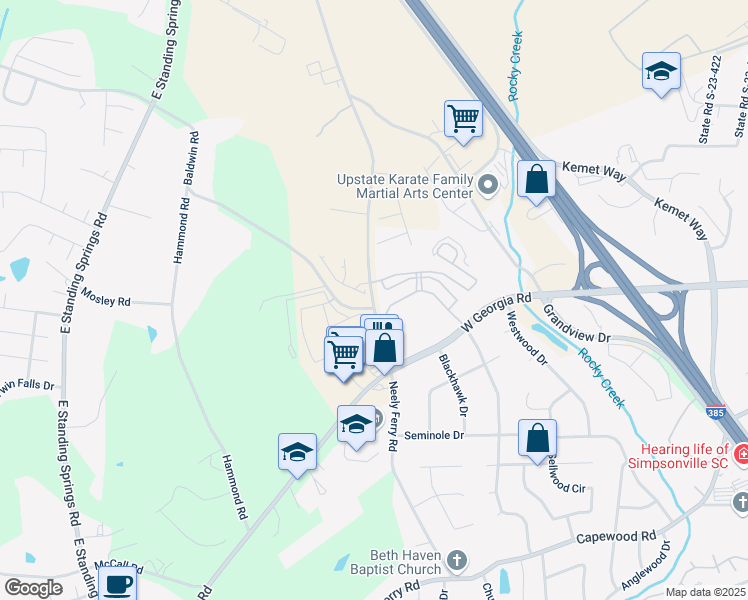 map of restaurants, bars, coffee shops, grocery stores, and more near 7001 Wiley Drive in Simpsonville