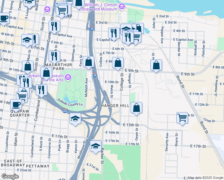 map of restaurants, bars, coffee shops, grocery stores, and more near 1026 Welch Street in Little Rock