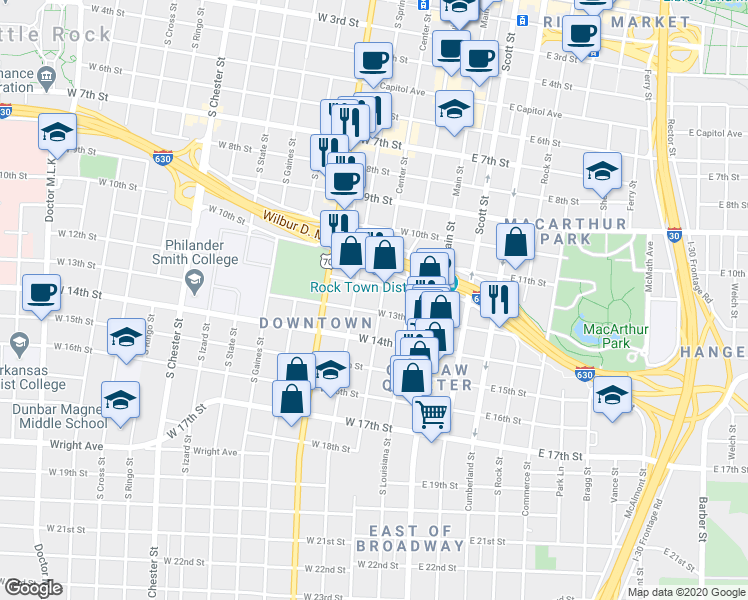 map of restaurants, bars, coffee shops, grocery stores, and more near 1218 Center Street in Little Rock
