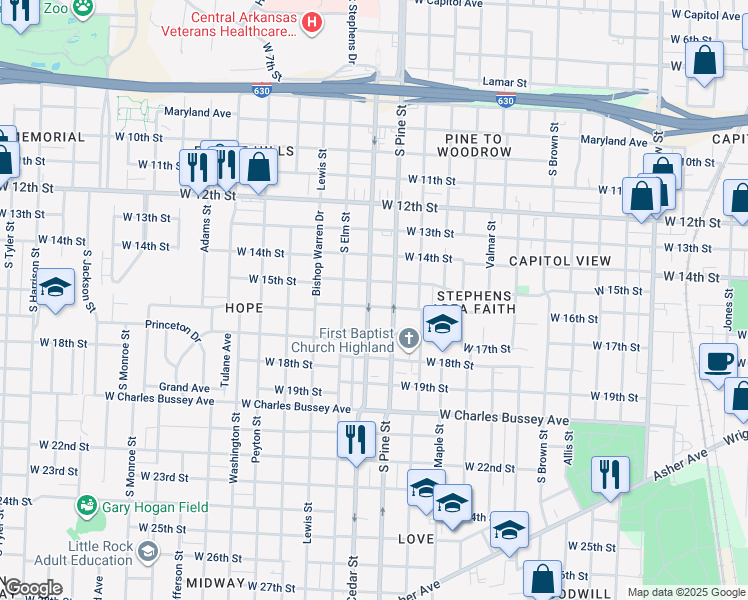 map of restaurants, bars, coffee shops, grocery stores, and more near 1524 South Pine Street in Little Rock