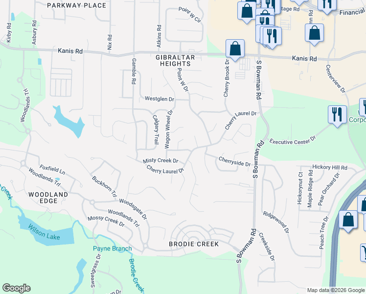 map of restaurants, bars, coffee shops, grocery stores, and more near 12504 Woodbury Drive in Little Rock