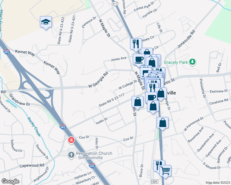 map of restaurants, bars, coffee shops, grocery stores, and more near 325 West College Street in Simpsonville