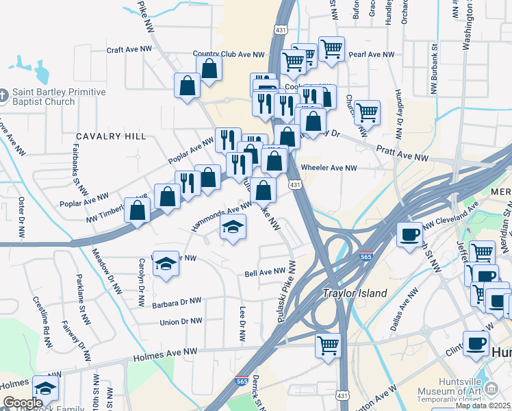 map of restaurants, bars, coffee shops, grocery stores, and more near 2205 Hammonds Avenue Northwest in Huntsville