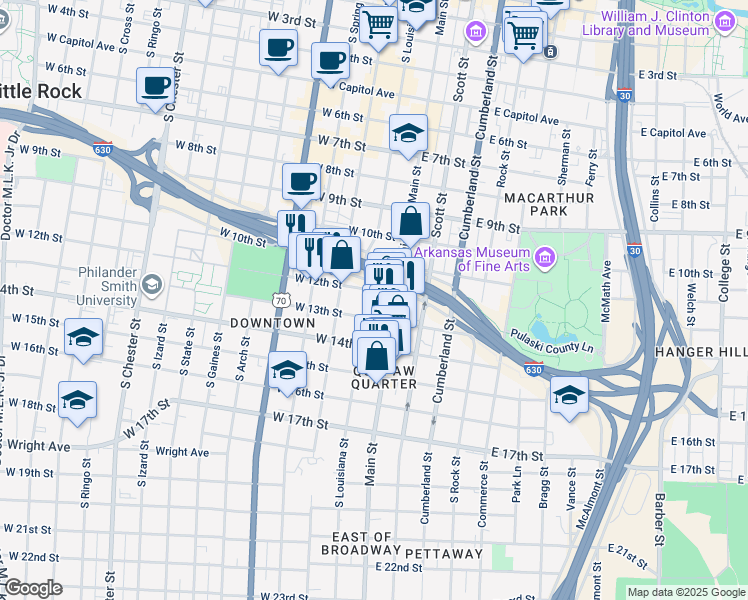 map of restaurants, bars, coffee shops, grocery stores, and more near 1201 South Louisiana Street in Little Rock