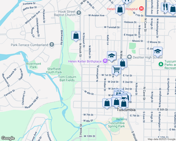 map of restaurants, bars, coffee shops, grocery stores, and more near 503 North Milton Street in Tuscumbia