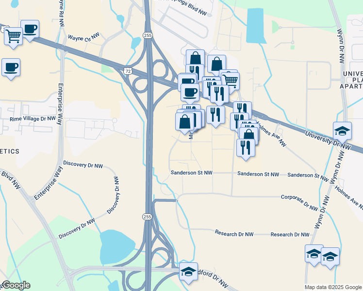 map of restaurants, bars, coffee shops, grocery stores, and more near 945 Mid City Drive in Huntsville