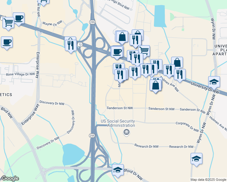 map of restaurants, bars, coffee shops, grocery stores, and more near 945 Mid City Drive in Huntsville