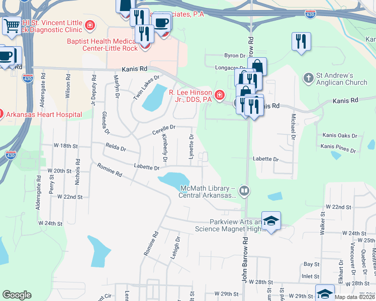 map of restaurants, bars, coffee shops, grocery stores, and more near 1800 Lynette Drive in Little Rock