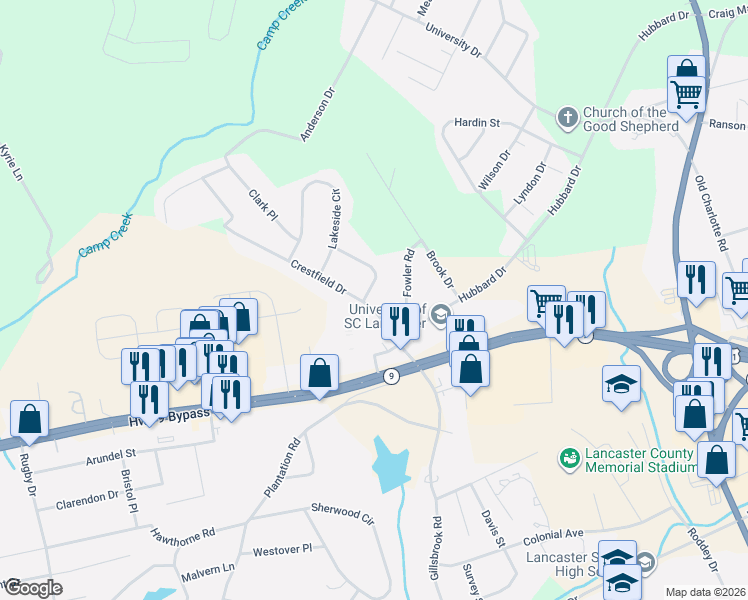 map of restaurants, bars, coffee shops, grocery stores, and more near 1112 Crestfield Drive in Lancaster