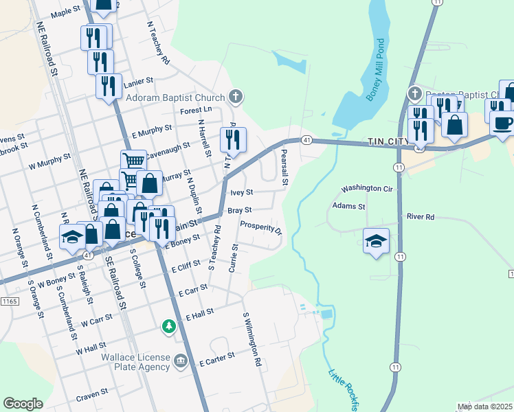 map of restaurants, bars, coffee shops, grocery stores, and more near 715 Bray Street in Wallace
