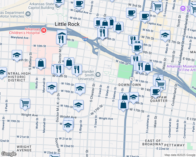 map of restaurants, bars, coffee shops, grocery stores, and more near 900 West Daisy L Gatson Bates Drive in Little Rock