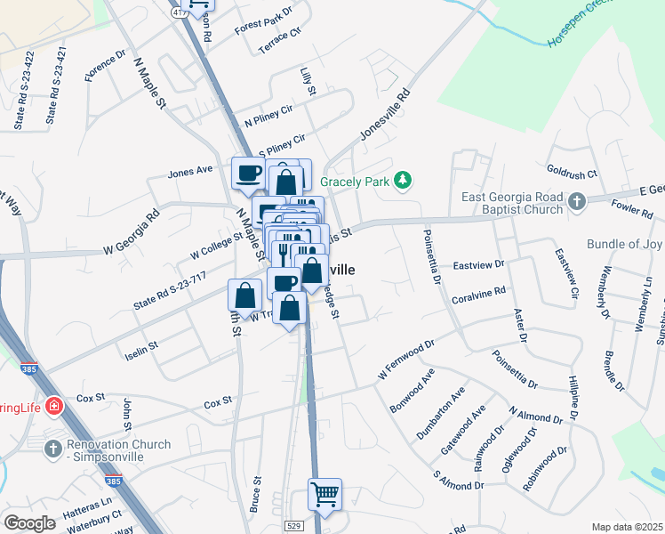 map of restaurants, bars, coffee shops, grocery stores, and more near in Simpsonville