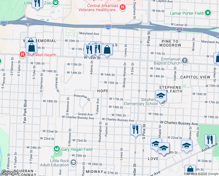 map of restaurants, bars, coffee shops, grocery stores, and more near 4316 West 16th Street in Little Rock