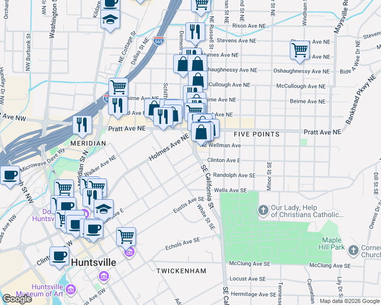 map of restaurants, bars, coffee shops, grocery stores, and more near 201 Dement Street Northeast in Huntsville