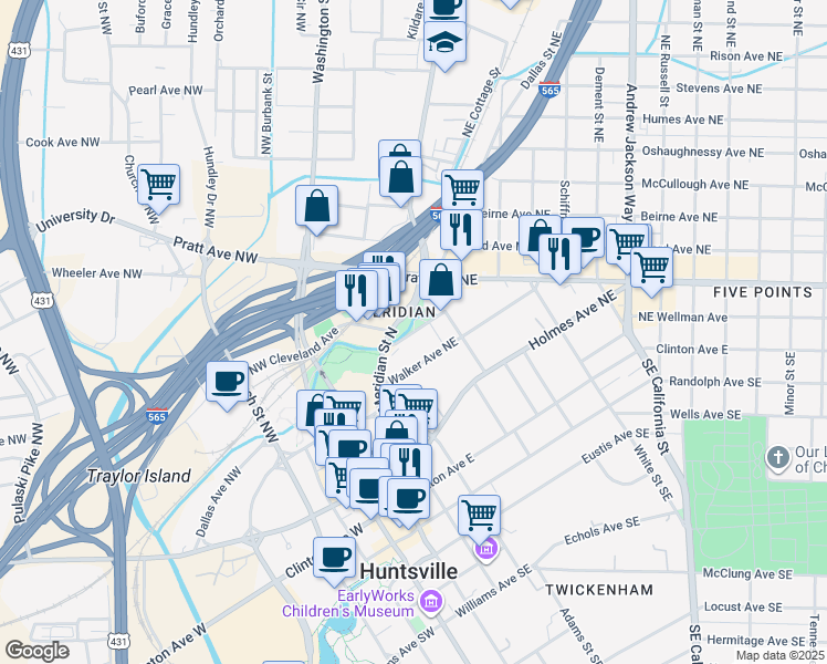 map of restaurants, bars, coffee shops, grocery stores, and more near Howe Avenue Northeast in Huntsville