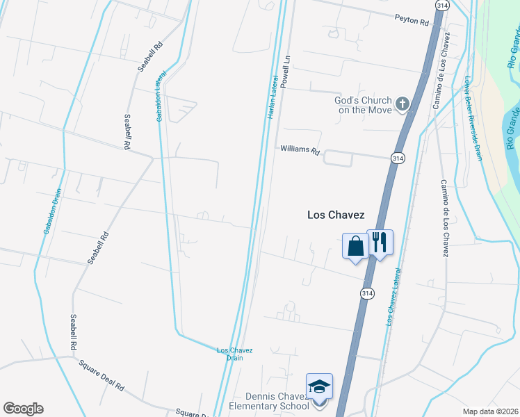 map of restaurants, bars, coffee shops, grocery stores, and more near Powell Lane in Belen