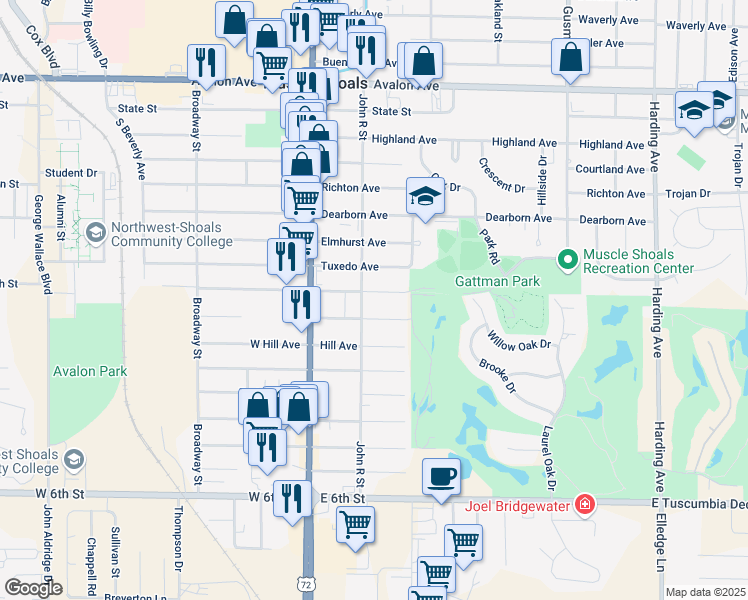 map of restaurants, bars, coffee shops, grocery stores, and more near 702 Brighton Avenue in Muscle Shoals