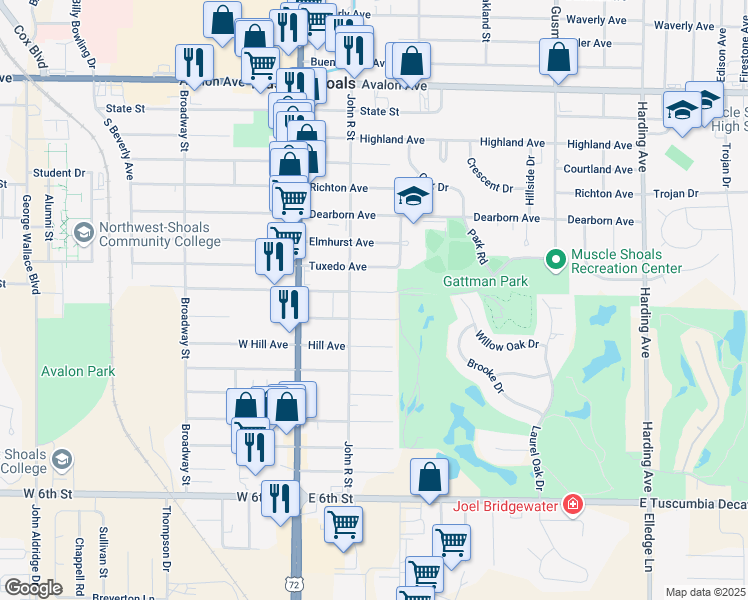 map of restaurants, bars, coffee shops, grocery stores, and more near 702-798 Brighton Avenue in Muscle Shoals