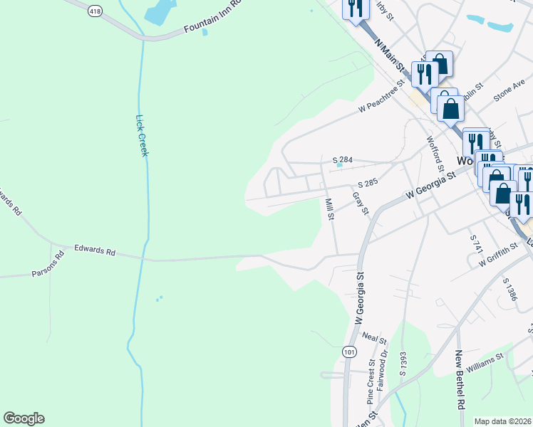 map of restaurants, bars, coffee shops, grocery stores, and more near 741 Gray Street in Woodruff