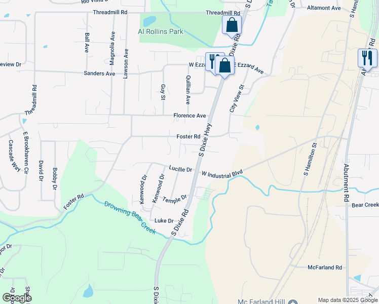 map of restaurants, bars, coffee shops, grocery stores, and more near 2113 Francis Drive in Dalton
