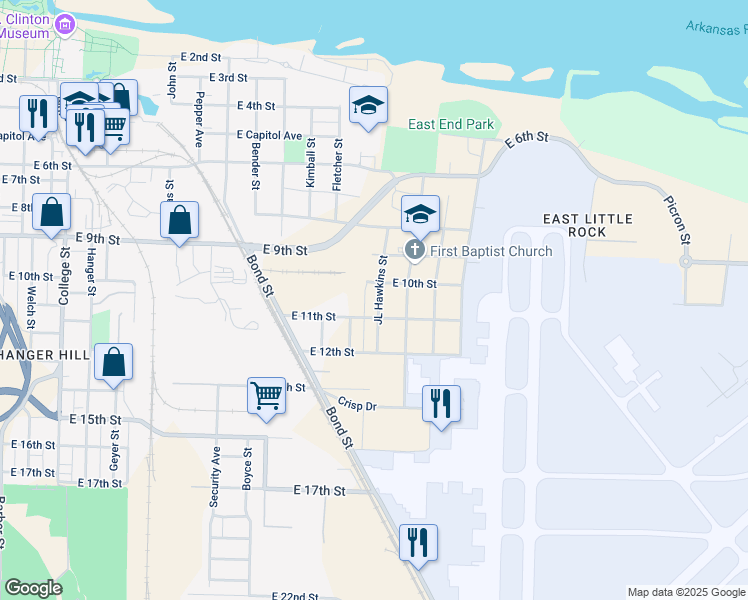 map of restaurants, bars, coffee shops, grocery stores, and more near 2212 East 11th Street in Little Rock