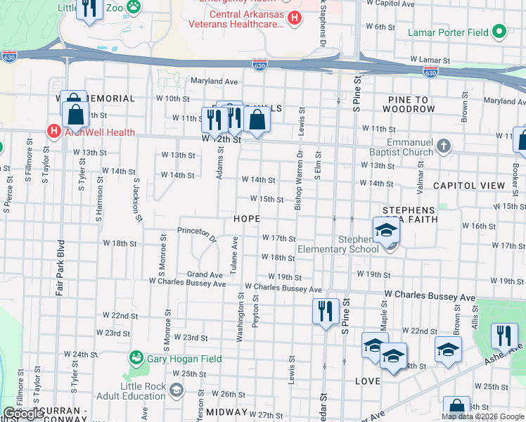 map of restaurants, bars, coffee shops, grocery stores, and more near 4316 West 16th Street in Little Rock