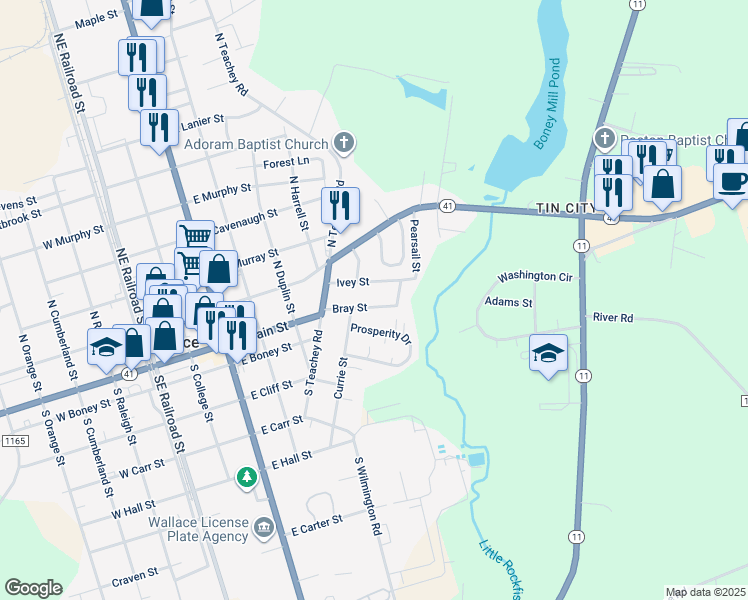 map of restaurants, bars, coffee shops, grocery stores, and more near 715 Bray Street in Wallace
