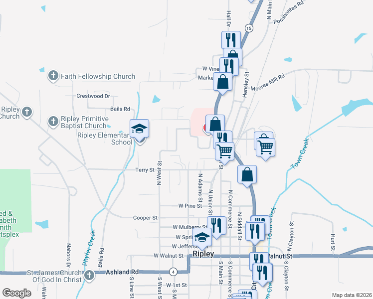 map of restaurants, bars, coffee shops, grocery stores, and more near 121 Hospital Street in Ripley