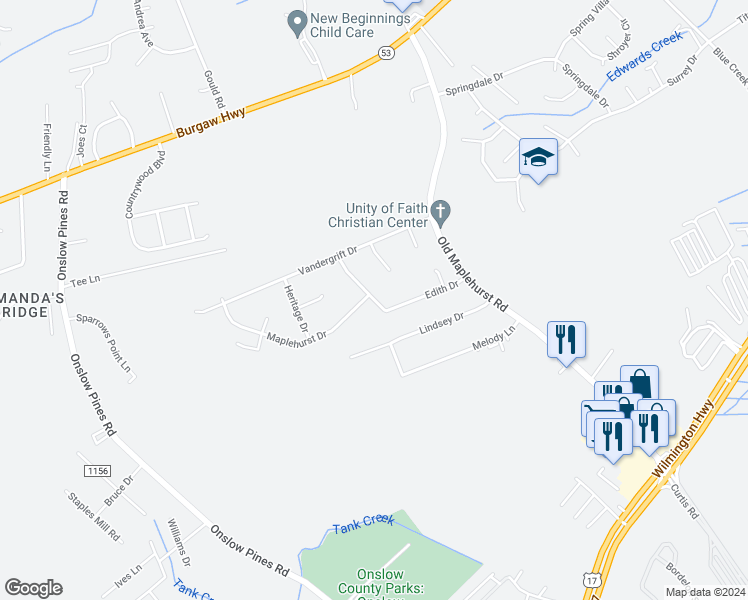 map of restaurants, bars, coffee shops, grocery stores, and more near 22 Edith Drive in Jacksonville