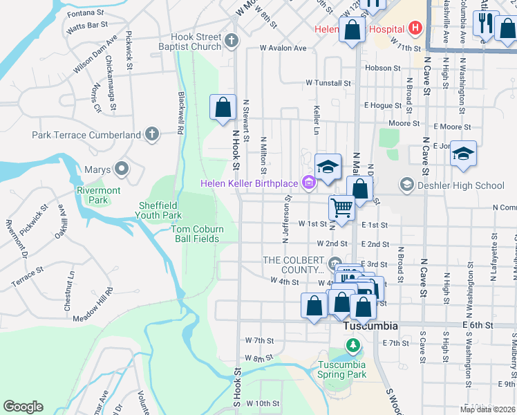 map of restaurants, bars, coffee shops, grocery stores, and more near 503 North Milton Street in Tuscumbia
