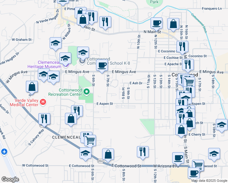 map of restaurants, bars, coffee shops, grocery stores, and more near 650 East Aspen Street in Cottonwood