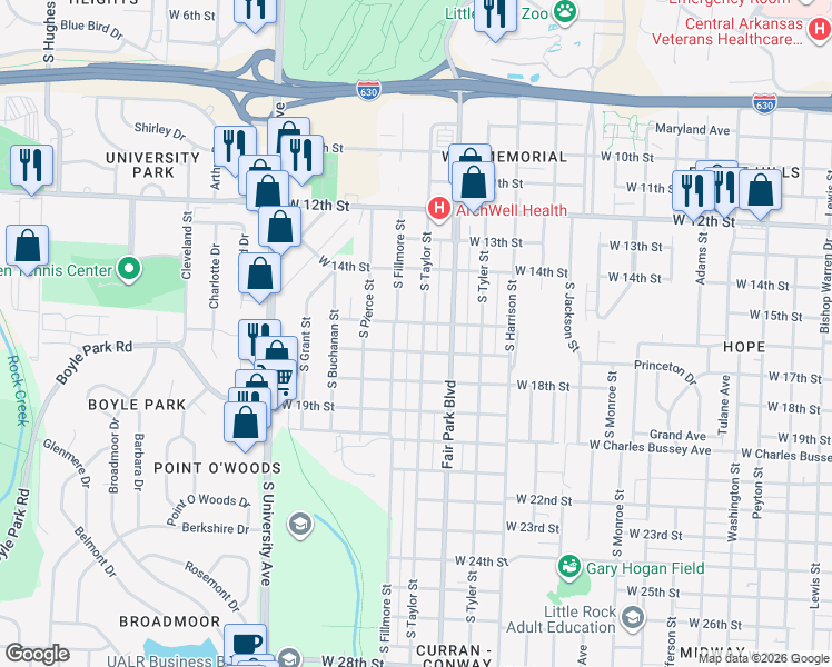 map of restaurants, bars, coffee shops, grocery stores, and more near 1619 South Taylor Street in Little Rock