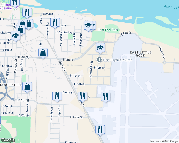 map of restaurants, bars, coffee shops, grocery stores, and more near 2212 East 11th Street in Little Rock