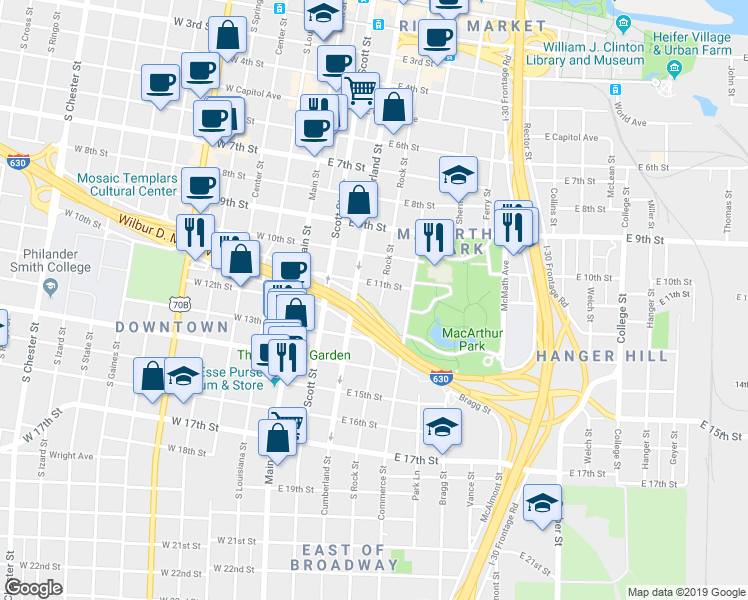 map of restaurants, bars, coffee shops, grocery stores, and more near 1116 Rock Street in Little Rock