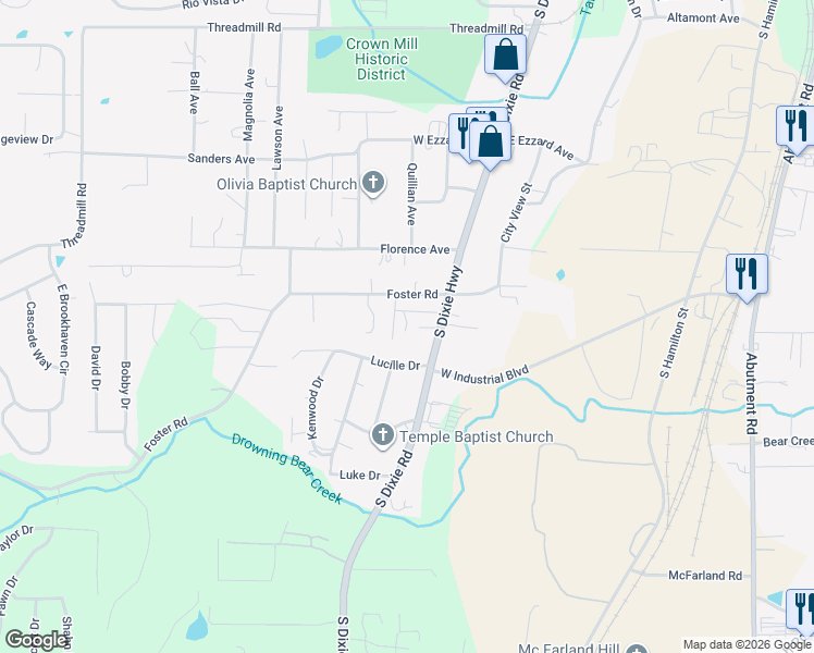 map of restaurants, bars, coffee shops, grocery stores, and more near 2113 Francis Drive in Dalton