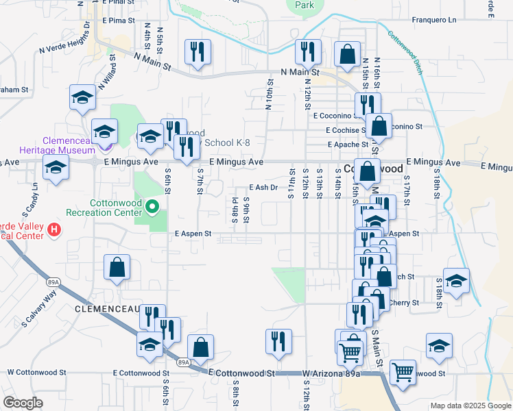 map of restaurants, bars, coffee shops, grocery stores, and more near 136 South 10th Street in Cottonwood