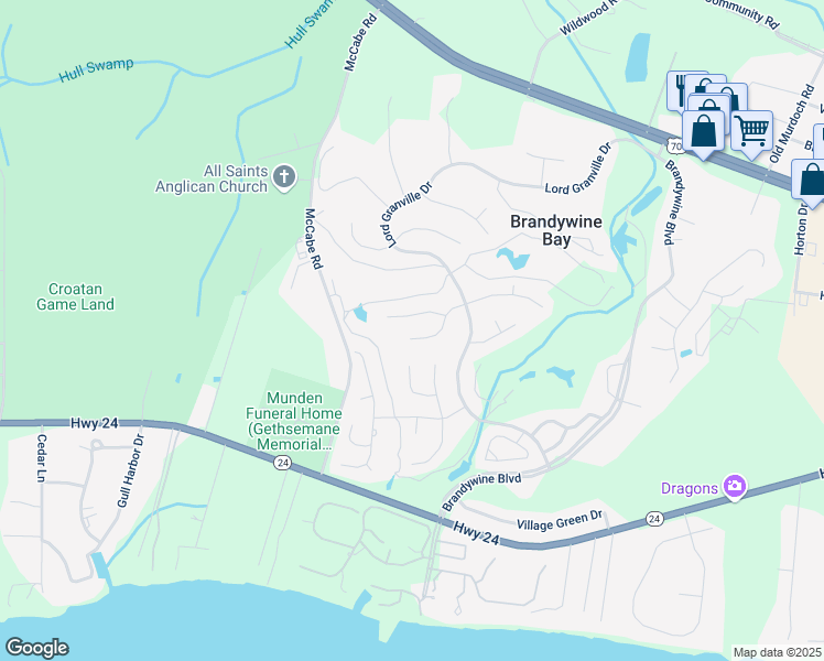 map of restaurants, bars, coffee shops, grocery stores, and more near 106 Fairway Drive West in Morehead City