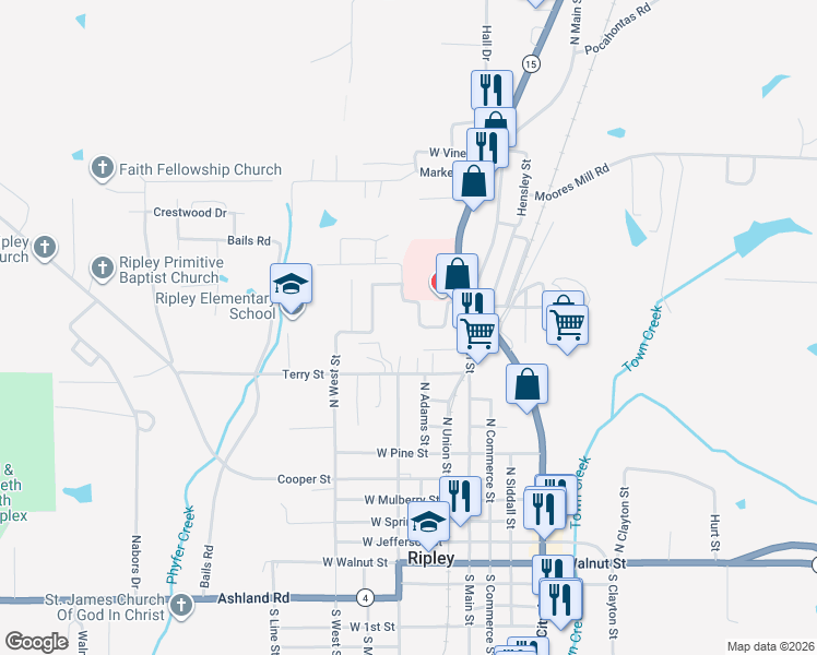 map of restaurants, bars, coffee shops, grocery stores, and more near 121 Hospital Street in Ripley