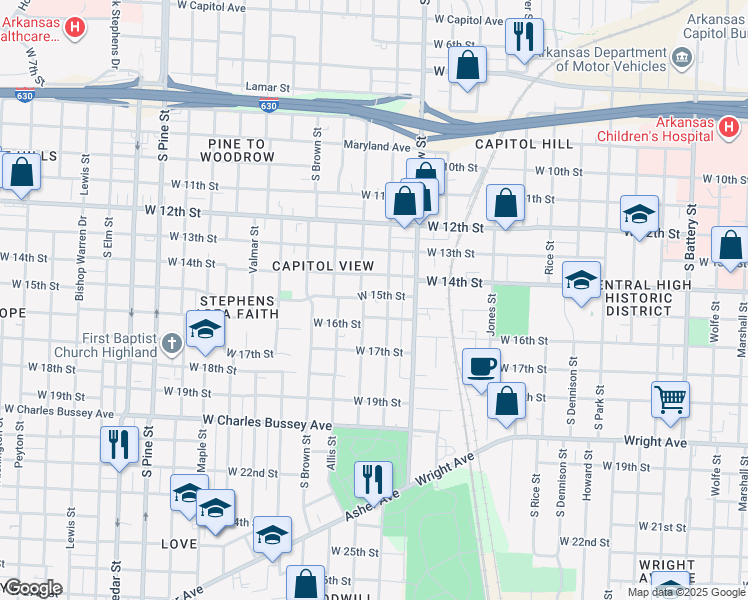 map of restaurants, bars, coffee shops, grocery stores, and more near 1514 South Booker Street in Little Rock