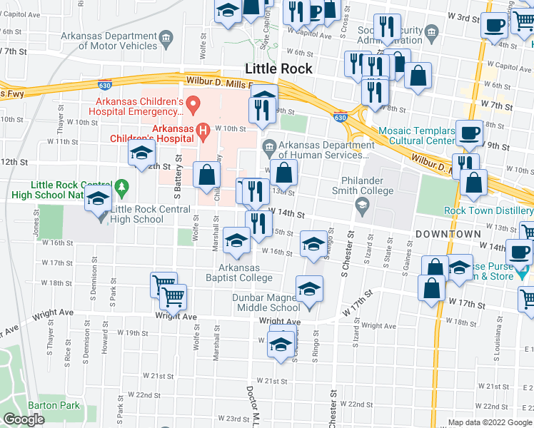 map of restaurants, bars, coffee shops, grocery stores, and more near 1409 West Daisy L Gatson Bates Drive in Little Rock
