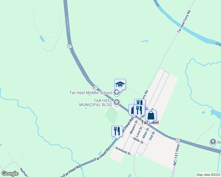 map of restaurants, bars, coffee shops, grocery stores, and more near 14976 North Carolina 87 in Tar Heel
